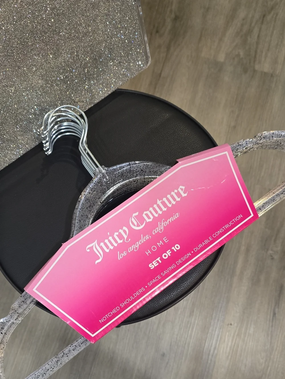 Juicy Couture Home Transparent Black Glitter Infused Hangers- 10- Silver Hook